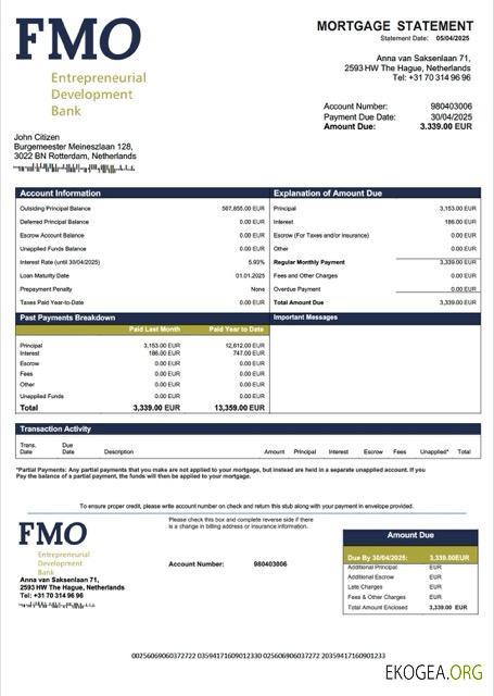 Modèle Word et PDF de relevé hypothécaire de la FMO Bank des Pays , Bas